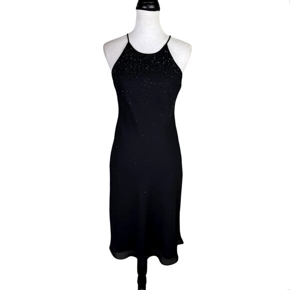 Vintage Amanda Smith 90s Y2K Black Chiffon Seed Bead Halter Strap Party Dress - Picture 1 of 9